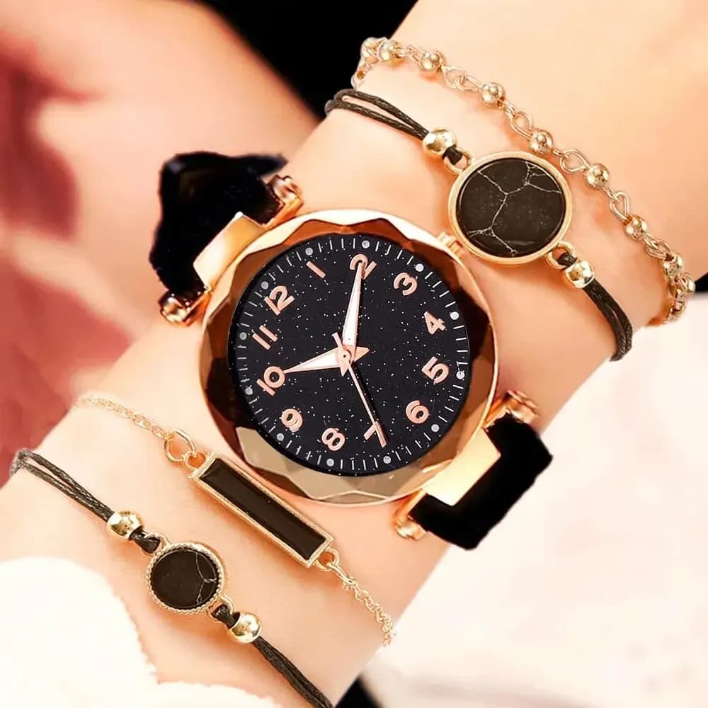 Women's Analog Watches Set, New Simple And Casual Wrist Watch, Black Wristband Without Box, Fashion for Women, 5 Pieces