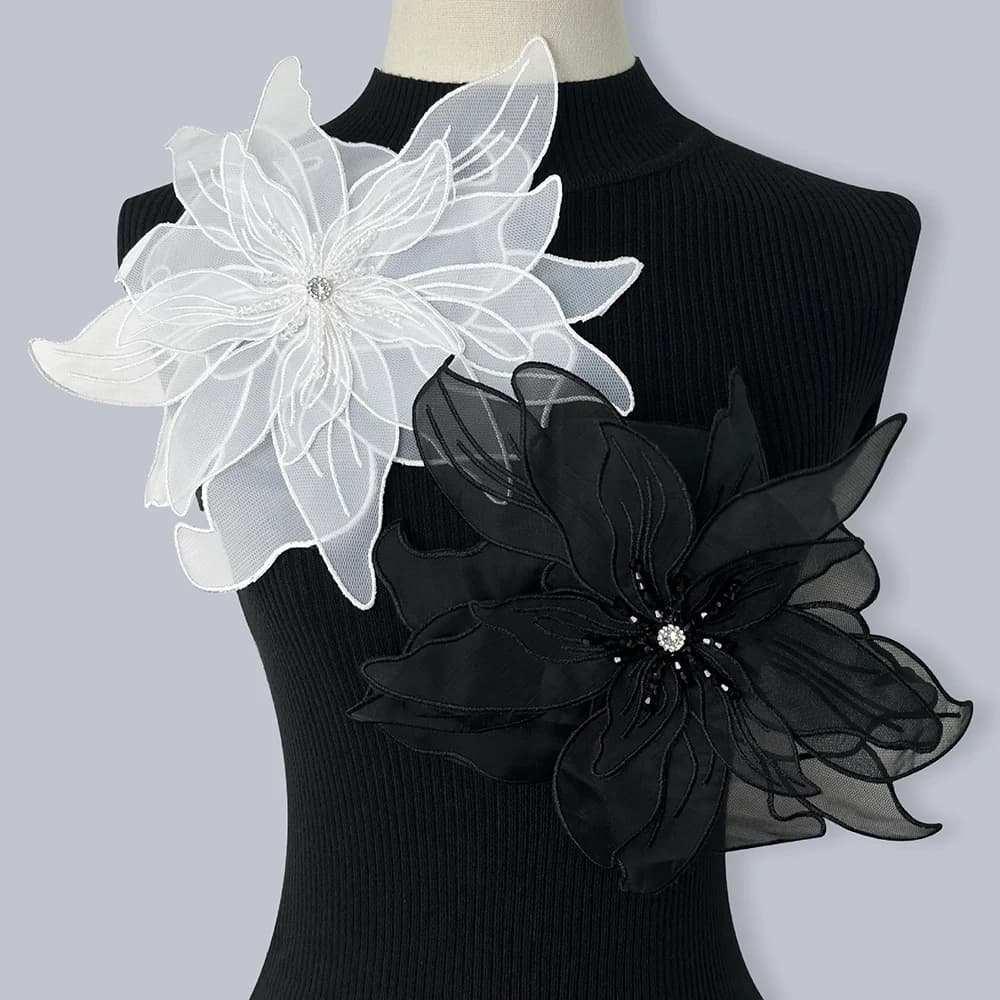 1 pezzo bianco nero perline di pizzo strato fiore con cristallo cucire su riparazione Patch 24CM di larghezza