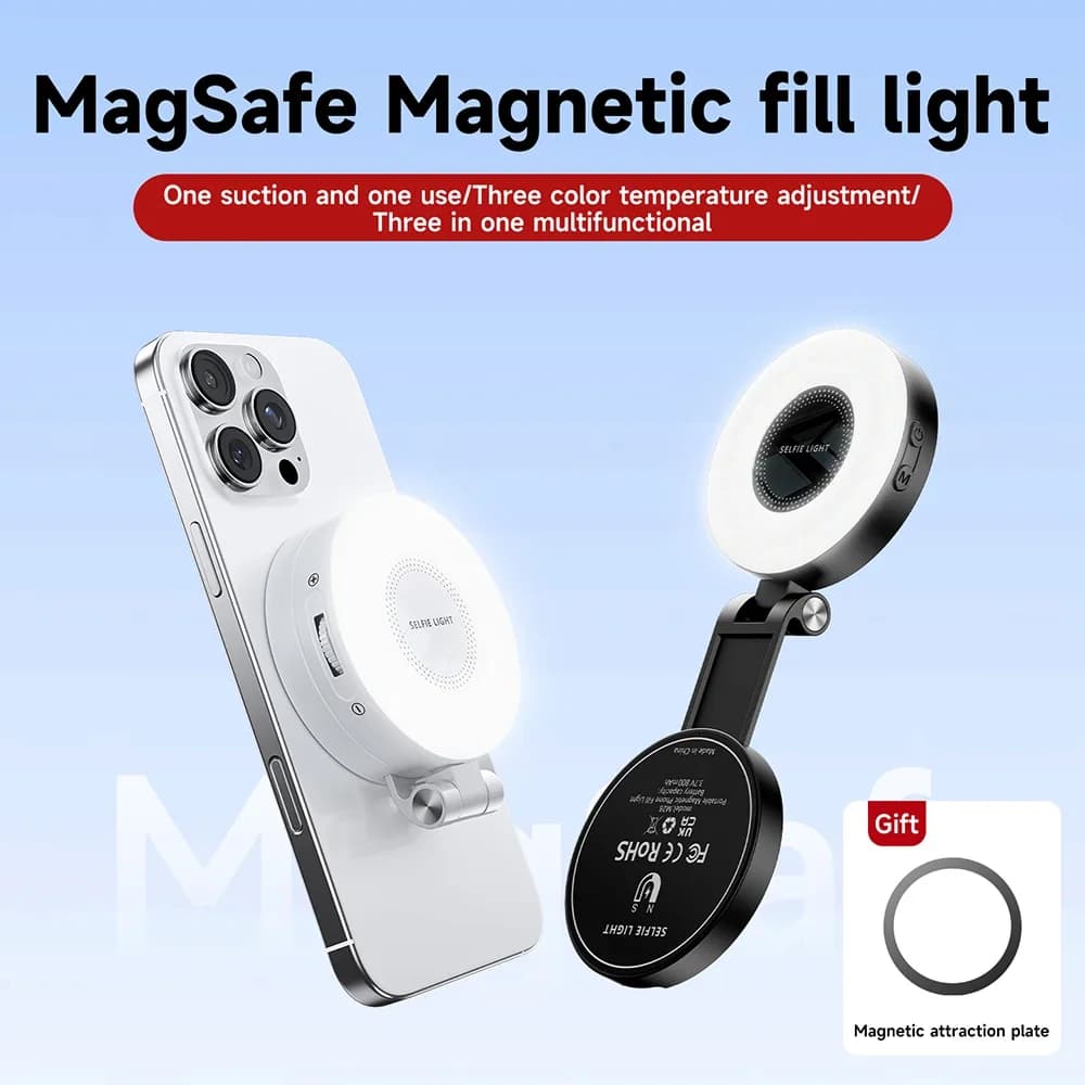 Luce magnetica per selfie compatibile con la luce del telefono MagSafe per iPhone e Android con specchio 360 ° Luce di riempimento ad anello per selfie a LED pieghevole