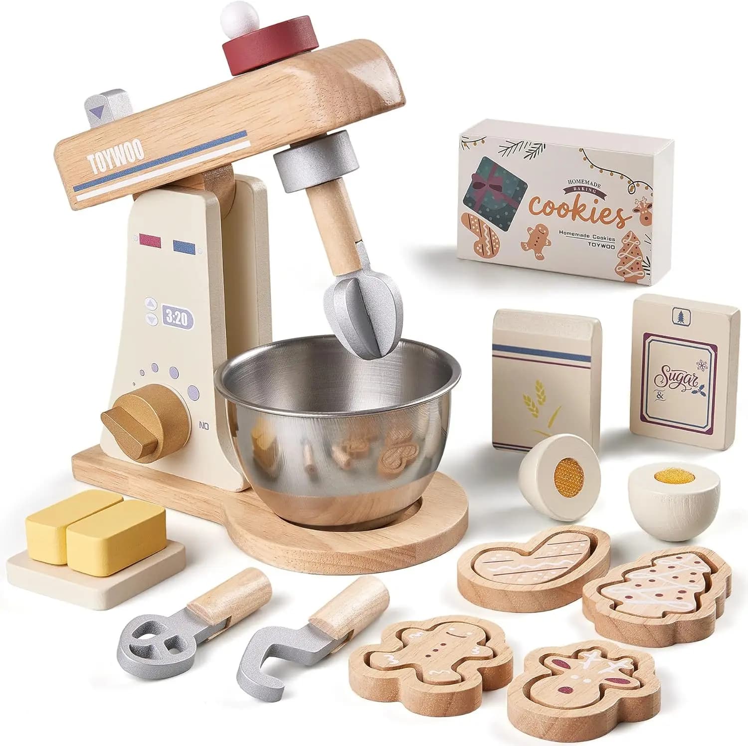 Frullatore giocattolo in legno con frusta, sbattitori e ganci per impastare, per giochi di ruolo in cucina e set di alimenti