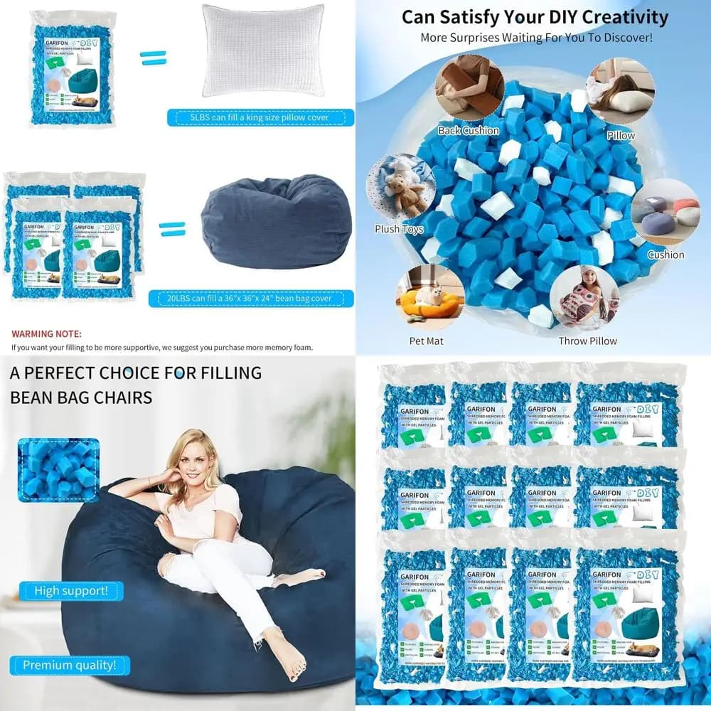 Filling for 60 lb beans bags, filling for pillows, memory foam, filling for boxing bags, filling for pouf, addition of gel bearings