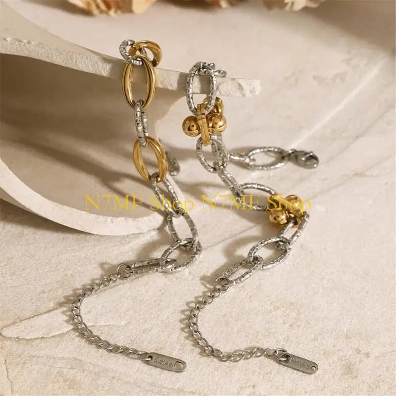 N7MF Elegant Double Tone Bead Chain Bracelet Stainless Steel Bangle for Everyday Wear