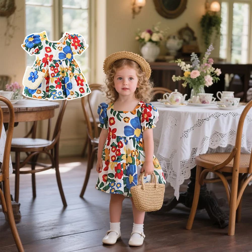 Abito da bambina Abito estivo da ragazza a maniche corte con stampa floreale Abito da bambino in cotone carino Abiti da bambina