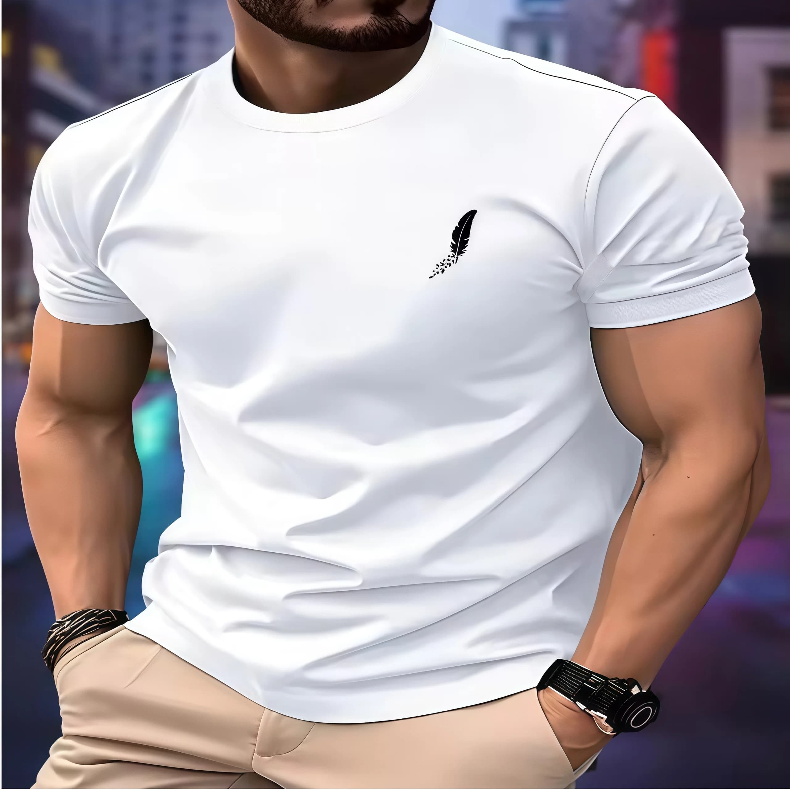 New Round Neck Running T-shirt Men Summer Thin Top Feather print Quick Dry Short Sleeve Breathable Fitness Sports T-shirt Wear