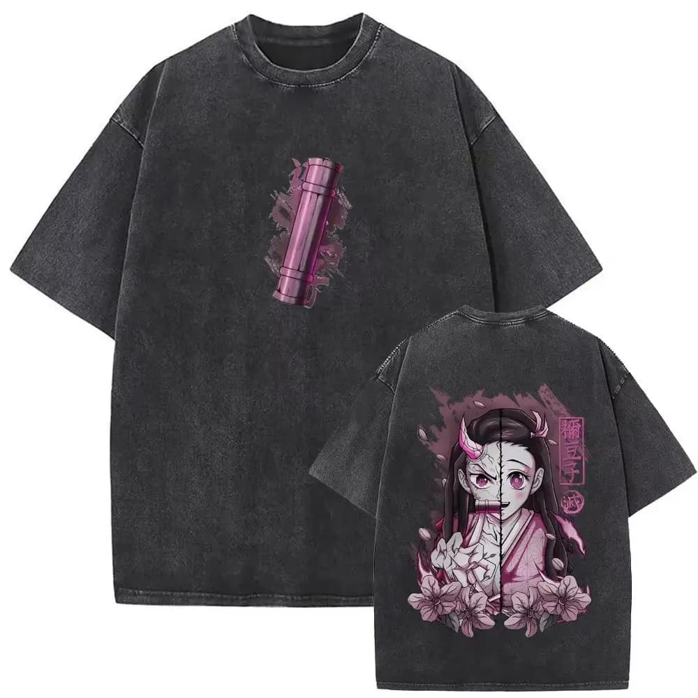 T-shirt Demon Slayer Nezuko Kamado 2026 Hot Sale, vintage lavata, oversize, in cotone, con stampa grafica, stile Harajuku Streetwear per uomo e donna