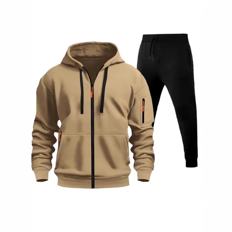 Men Full Zip Hoodie Multi Zipper Pocket Drawstring Jogger Pants Two Piece Sports Tracksuit Set