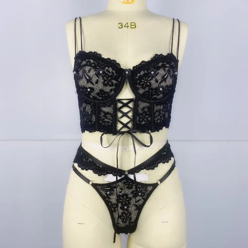 Women Beaded 3D Flower Hollow Out Sheer Lace Two Piece Intimates Set Lace Up Underwire Strap Bra Soft Breathable Daily Underwear Kit