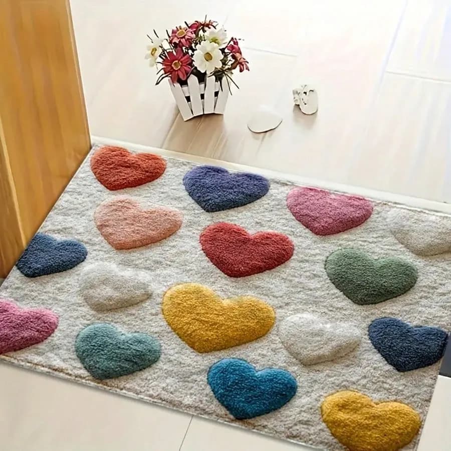 Tappeto 2D Antiscivolo Lavabile con Motivo a Cuori Colorati per Bagno, Ingresso, Camera dei Bambini, Arredamento Nordico