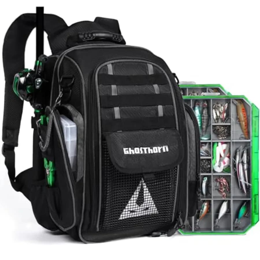 23700 Fishing Backpack with Equipment Door, 40L Waterproof, with Candle Holder, Large Outdoor Storage Bag