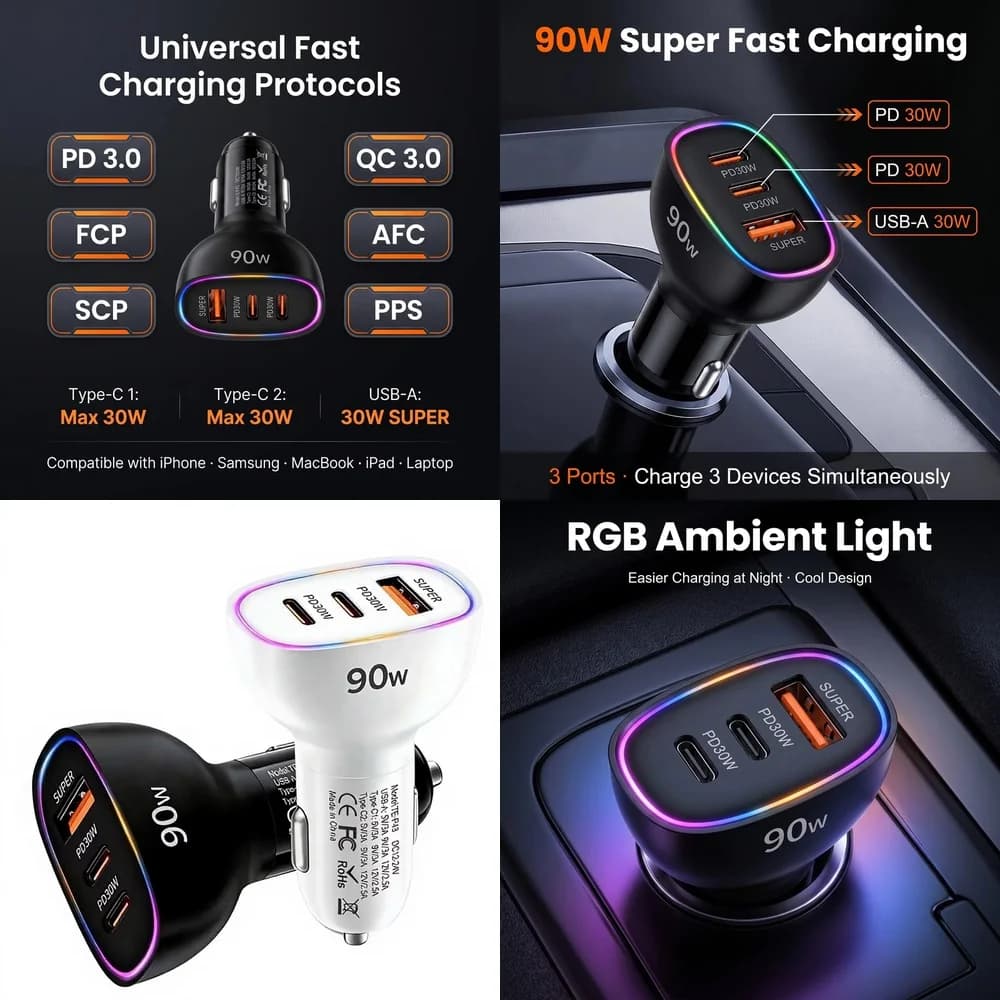 90W USB C Car Charger Multi Port Super Fast Charging Dual PD 30W Type C USB A 30W Adapter for Laptop MacBook Phone RGB Ambient