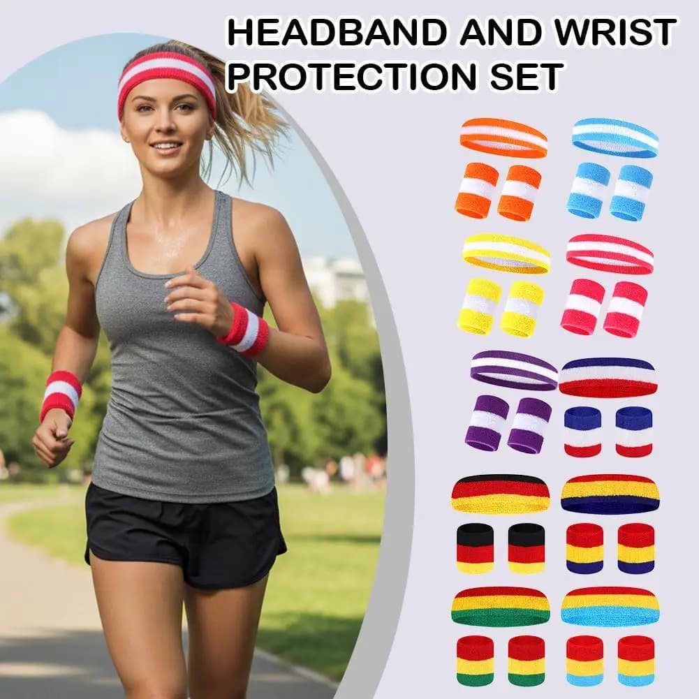 Tutore da polso a righe Fascia per capelli Set sportivo Fascia per capelli che assorbe il sudore Polsino per calcio Ping-pong Kit fascia da polso e fascia per capelli