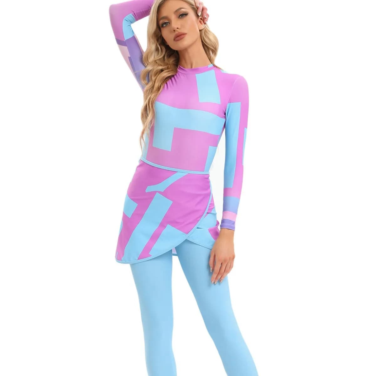3 Pieces Block Geometric Wrap Skirt Modest Burkini Swimsuit Women Long Sleeve Full Length Leggings Hijab Islamic Bathing Suit
