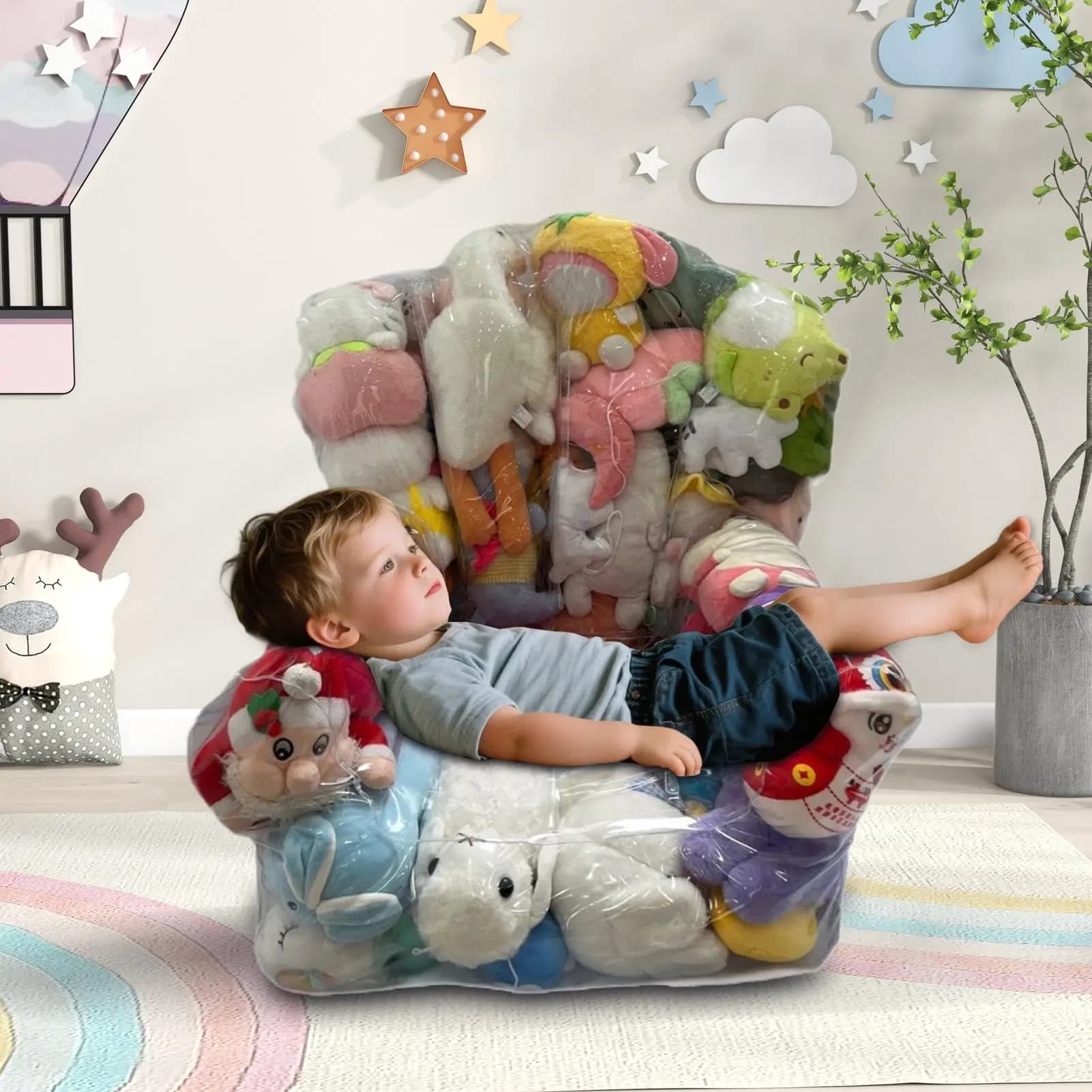 Grande Organizzatore per Giocattoli a Forma di Sacco, Borsa Trasparente Impermeabile con Cerniera per Animali di Peluche, Salvaspazio per Camera da Letto, Divano, Pavimento