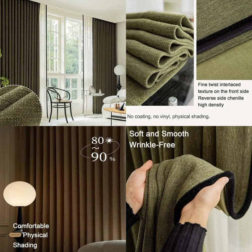 Curved blackout curtains in fake linen, farm style window curtains at 1 panel for living room and bedroom, natural green tones