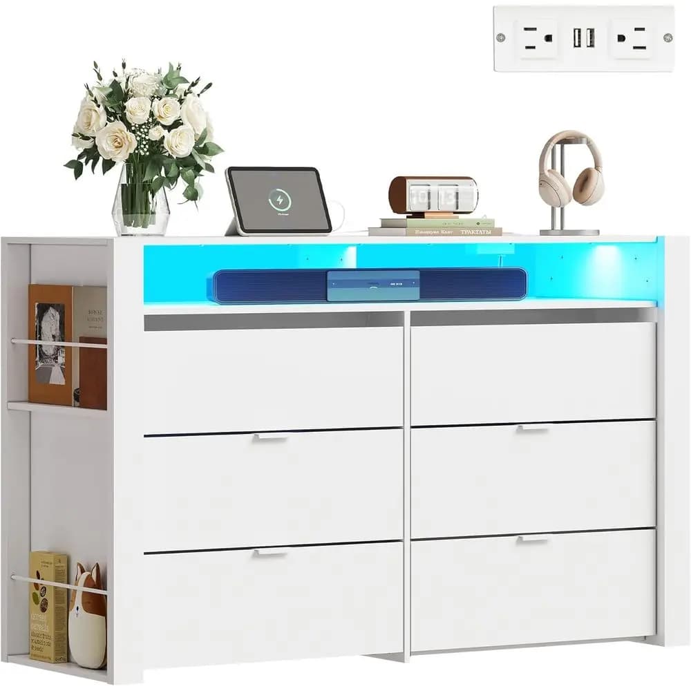Mobile TV 55 pollici, Organizzatore per camera da letto in legno bianco 51 pollici con base di ricarica, ripiani aperti, appendiabiti, cassettiera per soggiorno