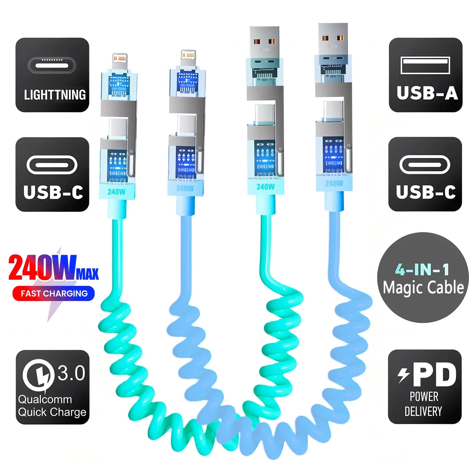 Cavo di ricarica rapida PD 2M 240W 4 in 1 da USB PD a Type C IOS per cellulari, cavo dati a molla retrattile per iPhone 15 16 Samsung