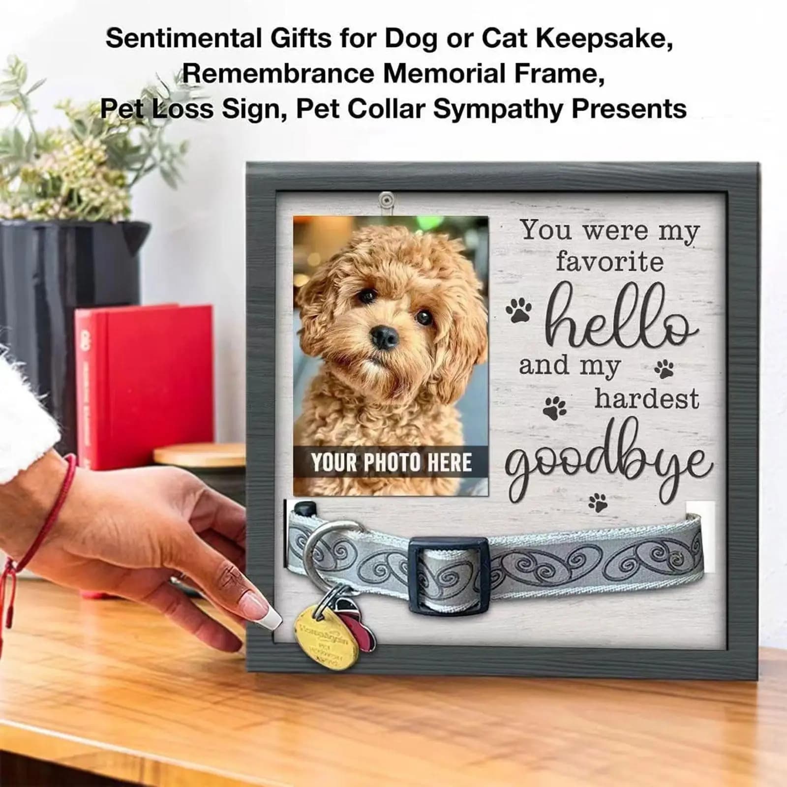 Cornice per foto in legno Cornice per foto commemorative per animali domestici con supporto per collare per cani e gatti Regalo di simpatia Collare per foto non incluso