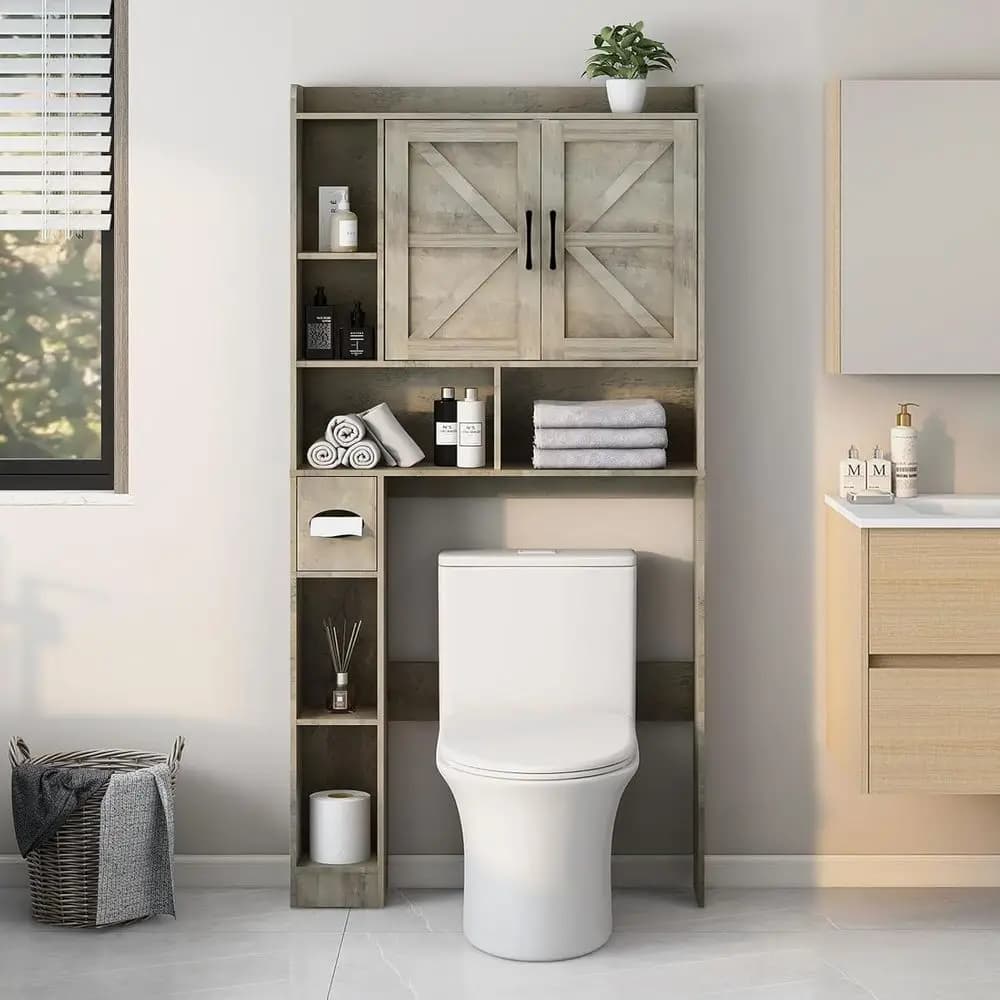 Mobiletto Salvaspazio per Bagno con Ante Scorrevoli e Portarotolo per Bagno, Toilette e Lavanderia
