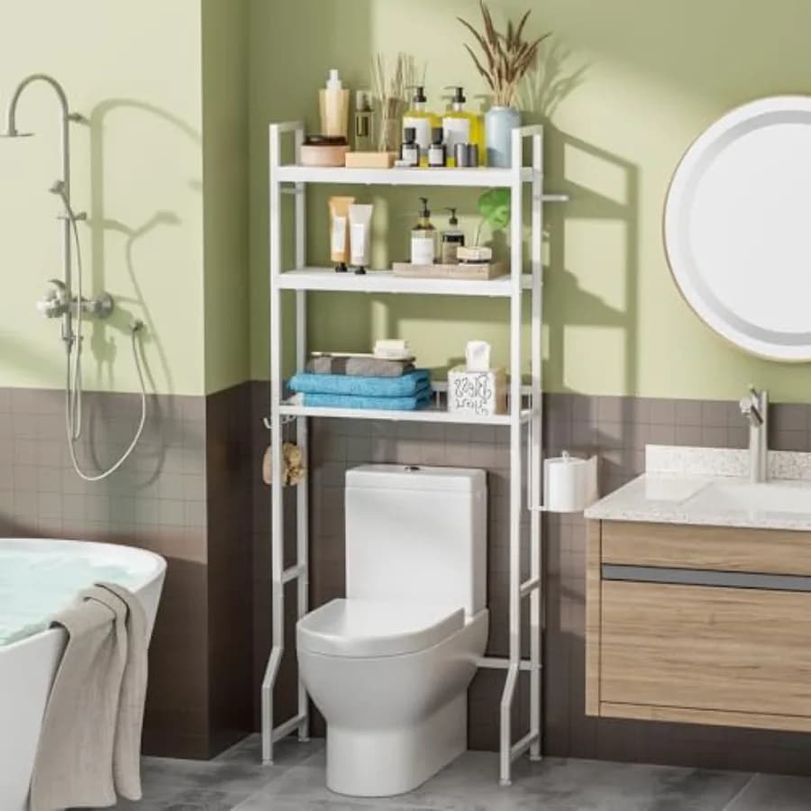Organizzatore da Bagno Sopra il WC con Portarotolo e 3 Ganci, Scaffale a 3 Livelli per il Bagno