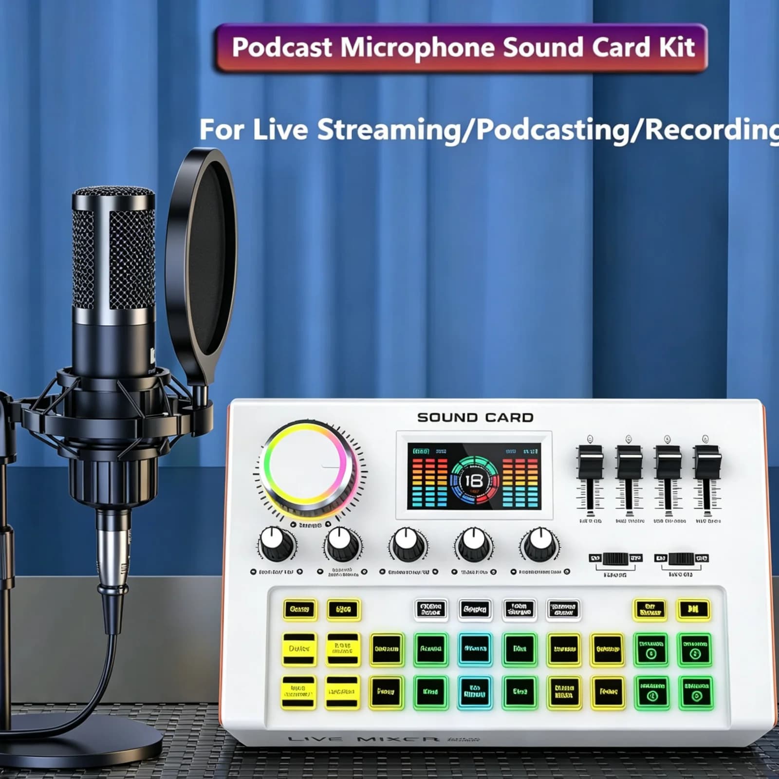 Podcast Equipment Bundle Kit for 4 People Profesional Studio Sound Board with 3.5mm Condenser Microphone(Y300-P15B) for Pc/Phone，Live Sound Card Full Set Voice Changer Mobile Audio Mixer With Bluetooth