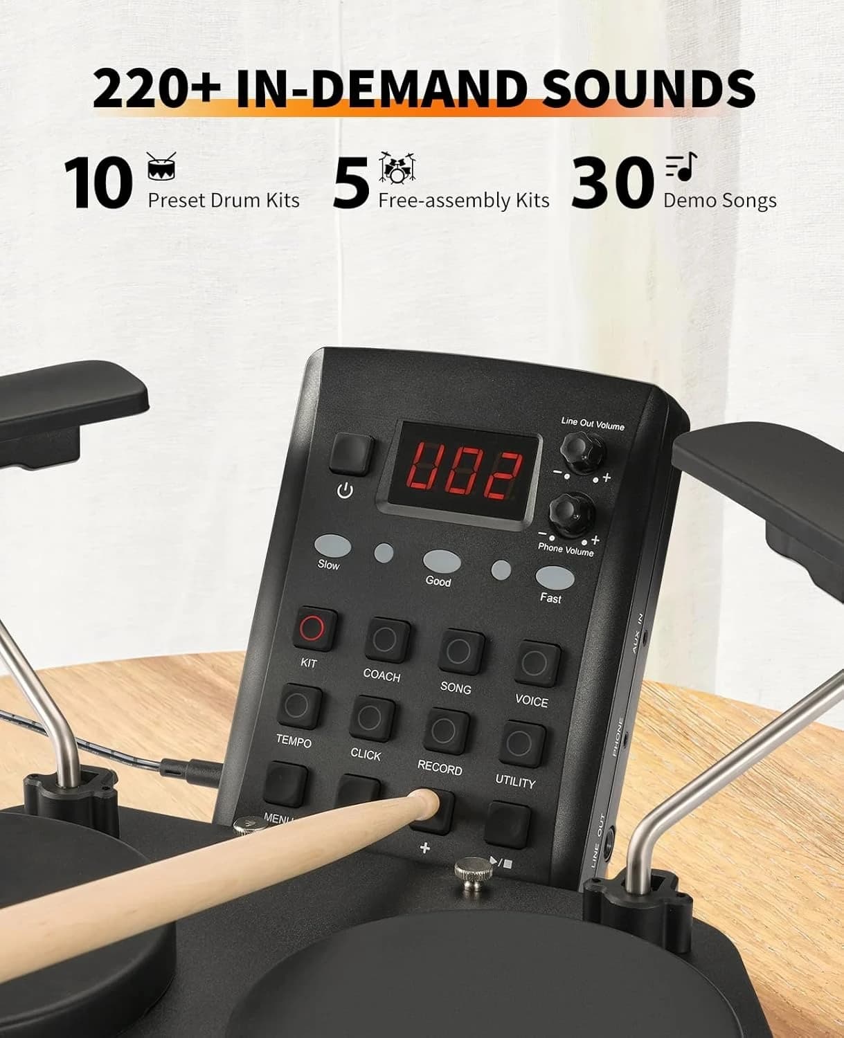 Set di batteria elettronica, set di batteria elettrica portatile per principianti con cuscinetti per rullante a rete silenziosa, oltre 120 suoni, MIDI USB, 2 pedali interruttori