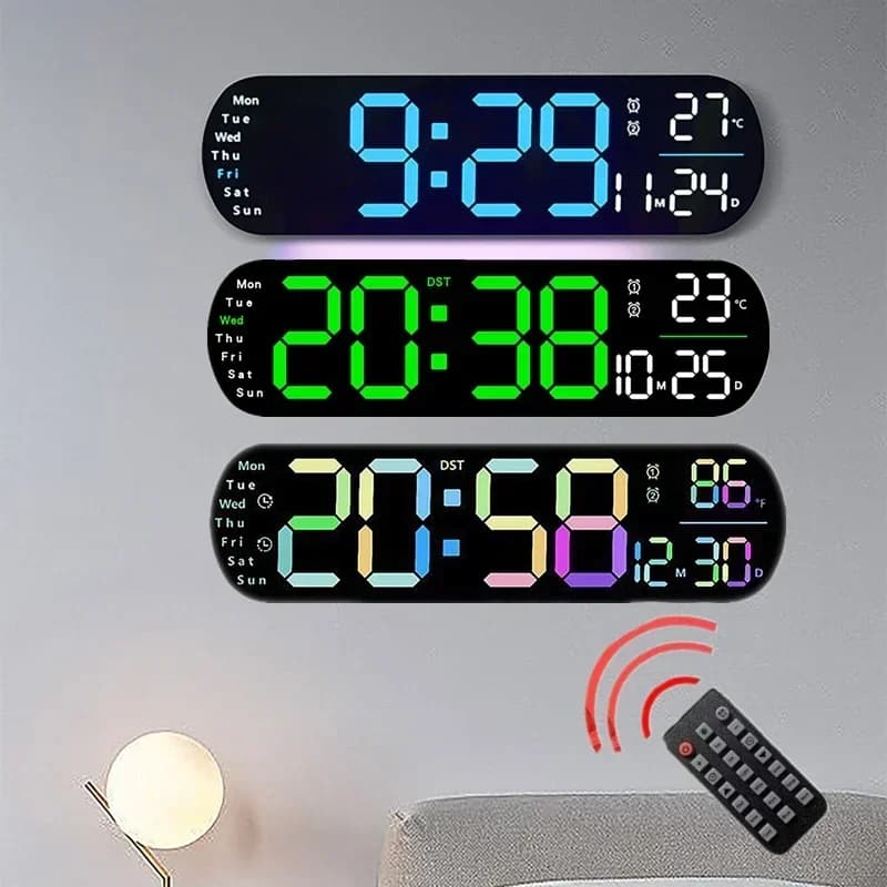 Digital Wall Clock with Temperature and Date, Electronic Wall Clock with Remote Control, Large Home Furniture Display