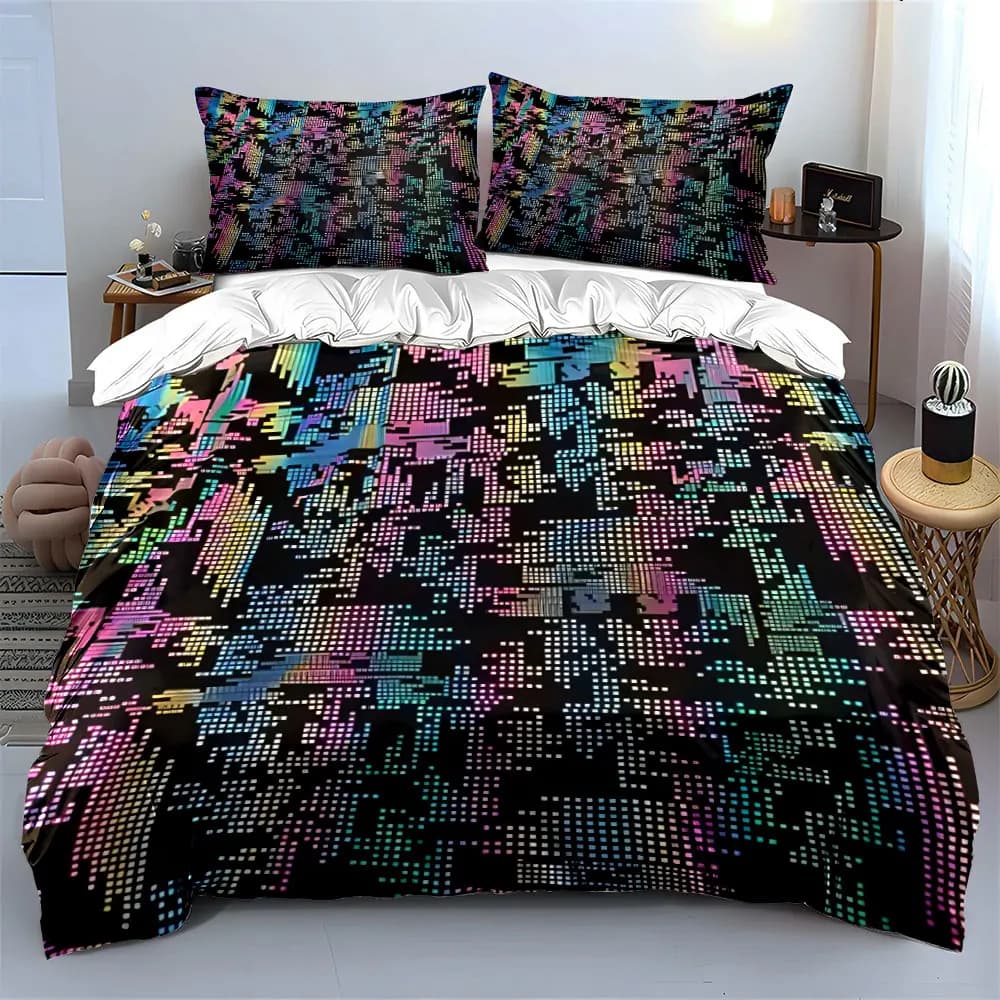 Set di Biancheria da Letto con Luci Neon Urbane, 3 Pezzi, Copripiumino con Stampa Pixel Astratta + 2 Federe, Decorazione Cyberpunk