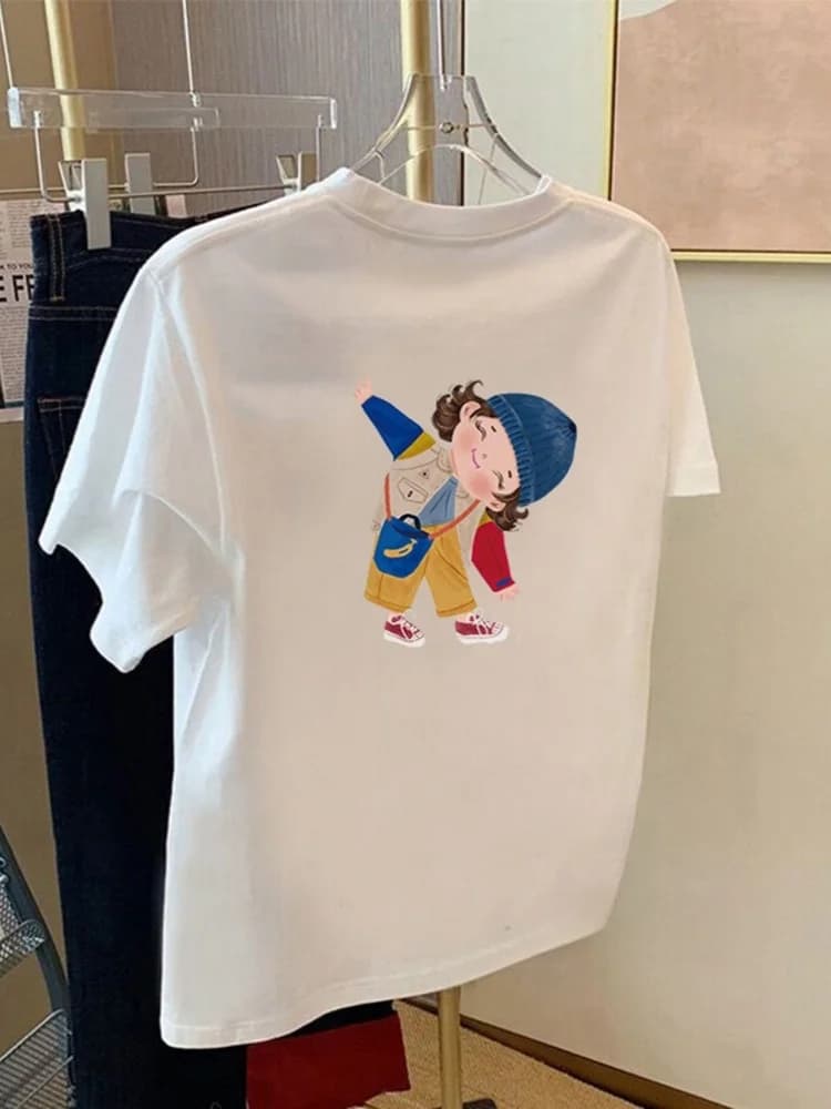 T-shirt in cotone stampato da donna, modello ampio a maniche corte con scollo rotondo, nuovo stile primaverile, con stampa floreale a cartoni animati, top per coppia