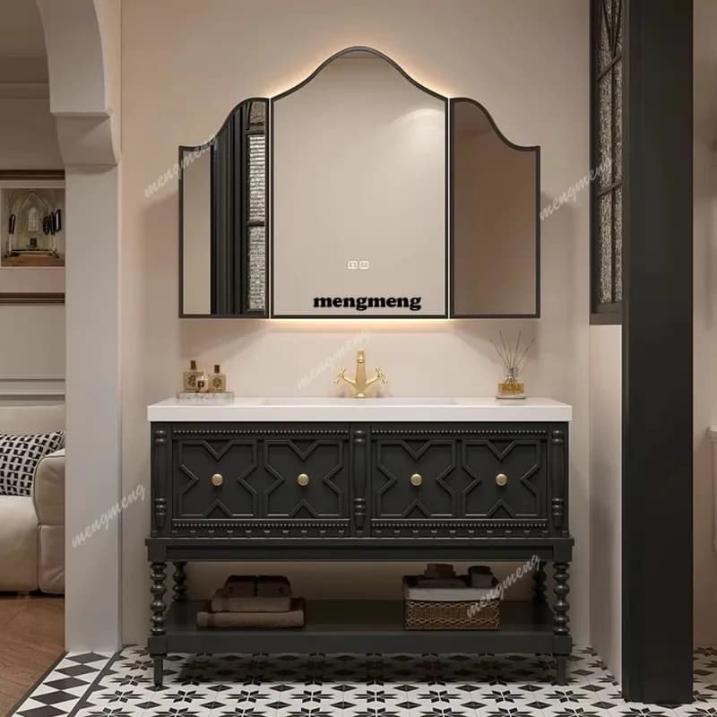 Mobile Bagno MAEBOW in Legno Massello con Lavabo Integrato in Pietra Sinterizzata, Armadietto Specchio Intelligente per Articoli da Toeletta, Pacchetto Personalizzato