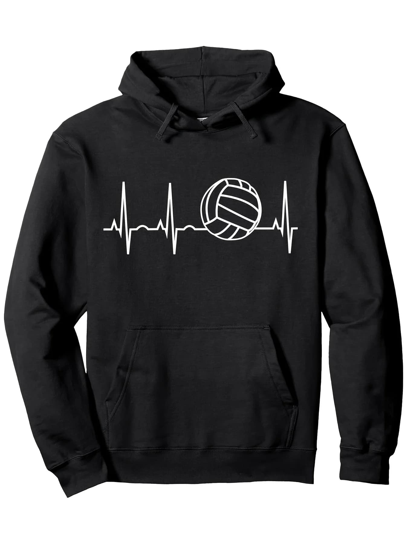 Felpa con cappuccio Heartbeat da pallavolo - Comodo pullover in misto cotone con tasca a marsupio, nero con grafica bianca da pallavolo e cuore