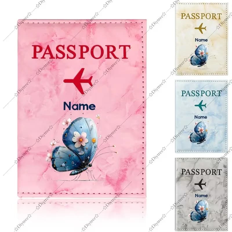 Custom Name Dreamlike Floral Butterfly Art Design Passport Holder, Featuring Blue Butterfly Wings Adorned Pink Cherry Blossoms