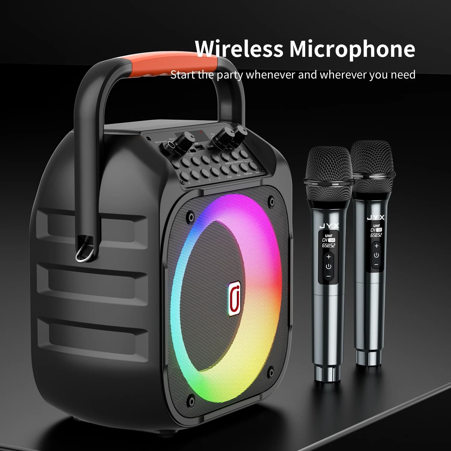 Macchina per karaoke T26 Altoparlante portatile per karaoke Bluetooth Ok con 2 microfoni wireless, sistema Pa adatto per luci a LED per adulti e bambini, supporta mini macchina per karaoke per feste in famiglia Aux/Usb/Tf/Bt