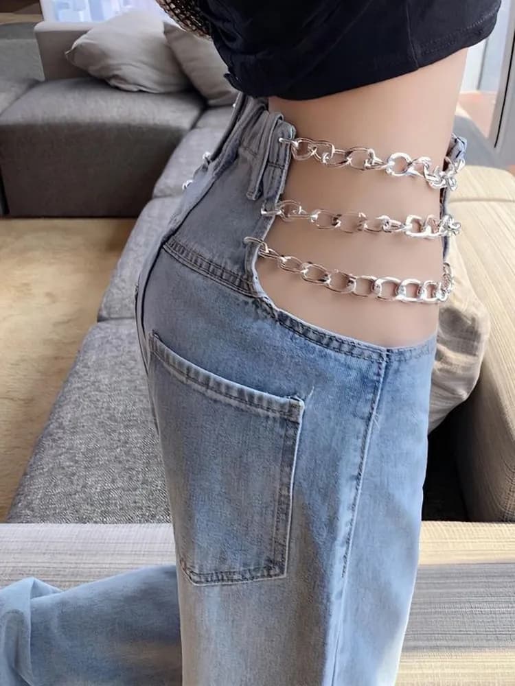 High Waist Cutout Sexy Loose Straight Leg Jeans Women's Spring Korean Wide Leg Long Trousers Trendy Cotton Zipper Jeans