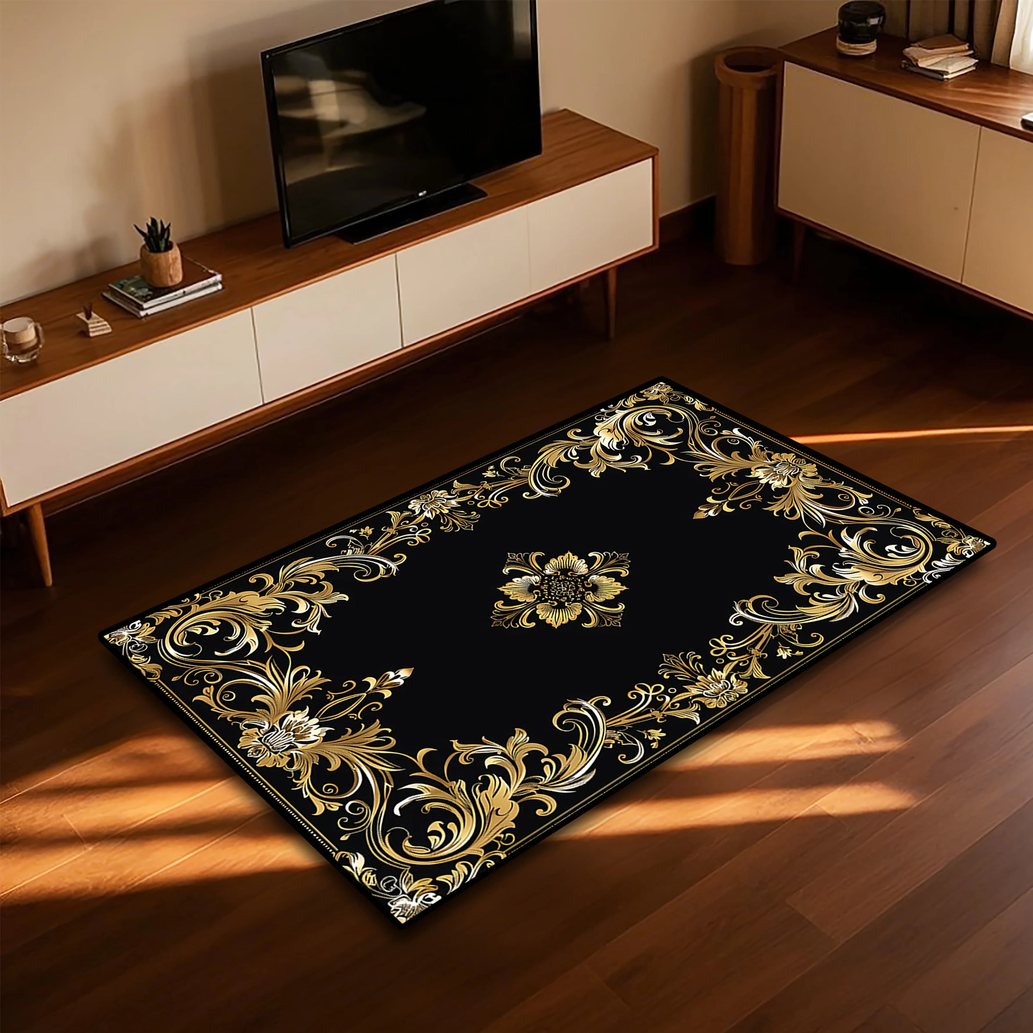 Luxury Black Gold Floral Print Carpet Plush Flannel Rug Living Room Bedroom Home Decor Area Rug Non Slip Floor Mat