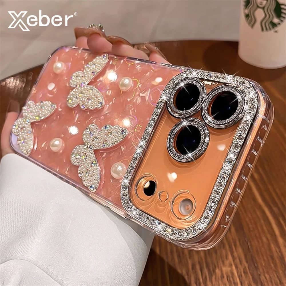 Custodia per telefono trasparente con farfalla di diamanti di lusso per iPhone 17 Air 16 15 14 13 12 Pro Max Cover posteriore in silicone morbido con placcatura trasparente
