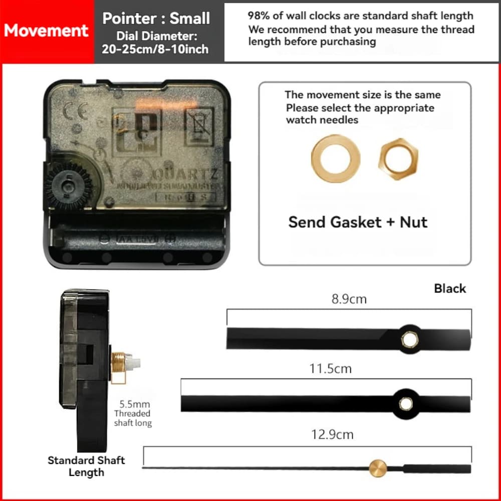 Silent Quartz Watch Movement Set with Black Hands, Fai-da-Te Replacement Accessories for 8-10 Inch Wall Clocks