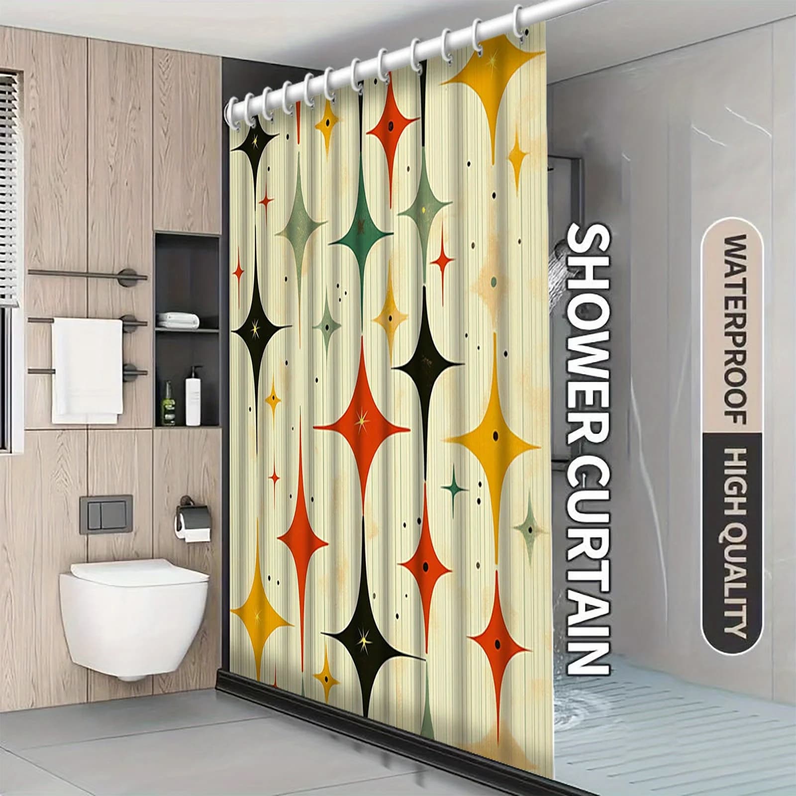 "Tenda da doccia moderna - Motivo Starburst, oscurante, poliestere, 12 ganci, lavabile in lavatrice, arredamento per la casa e il bagno