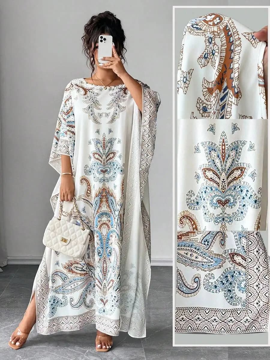 Abito lungo con stampa boho, maniche a pipistrello, scollo rotondo, per le vacanze