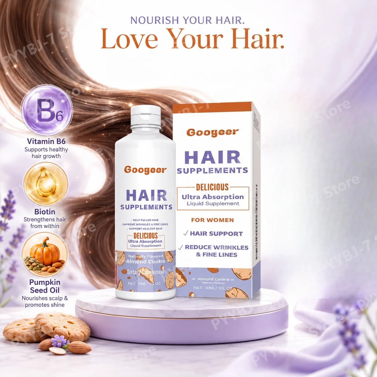 Integratore Liquido di Bellezza per Donne con Biotina, Vitamina B6, Olio di Semi di Zucca, Gusto Biscotto alle Mandorle, Supporto Quotidiano per Capelli, Pelle e Unghie