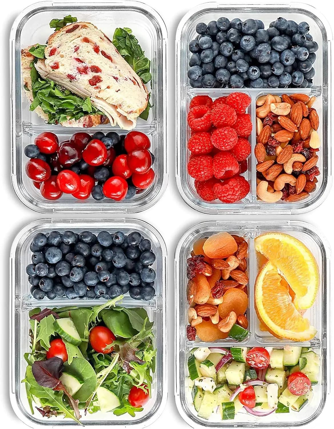 Contenitori in Vetro per Preparazione Pasti, 2 e 3 Scomparti, Controllo Porzioni, Coperchi Ermetici, Adatti per Forno e Congelatore, Bento Box Anti-Perdita