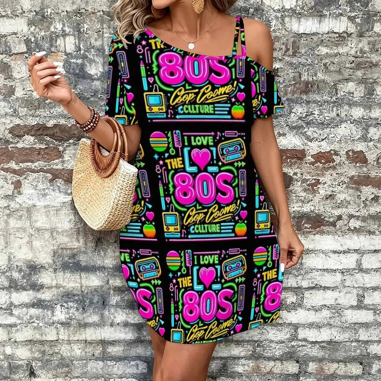 I love the 80s! Cool Neon Pop Culture Women's Slanted Shoulder Single Strap Short-Sleeved Dress