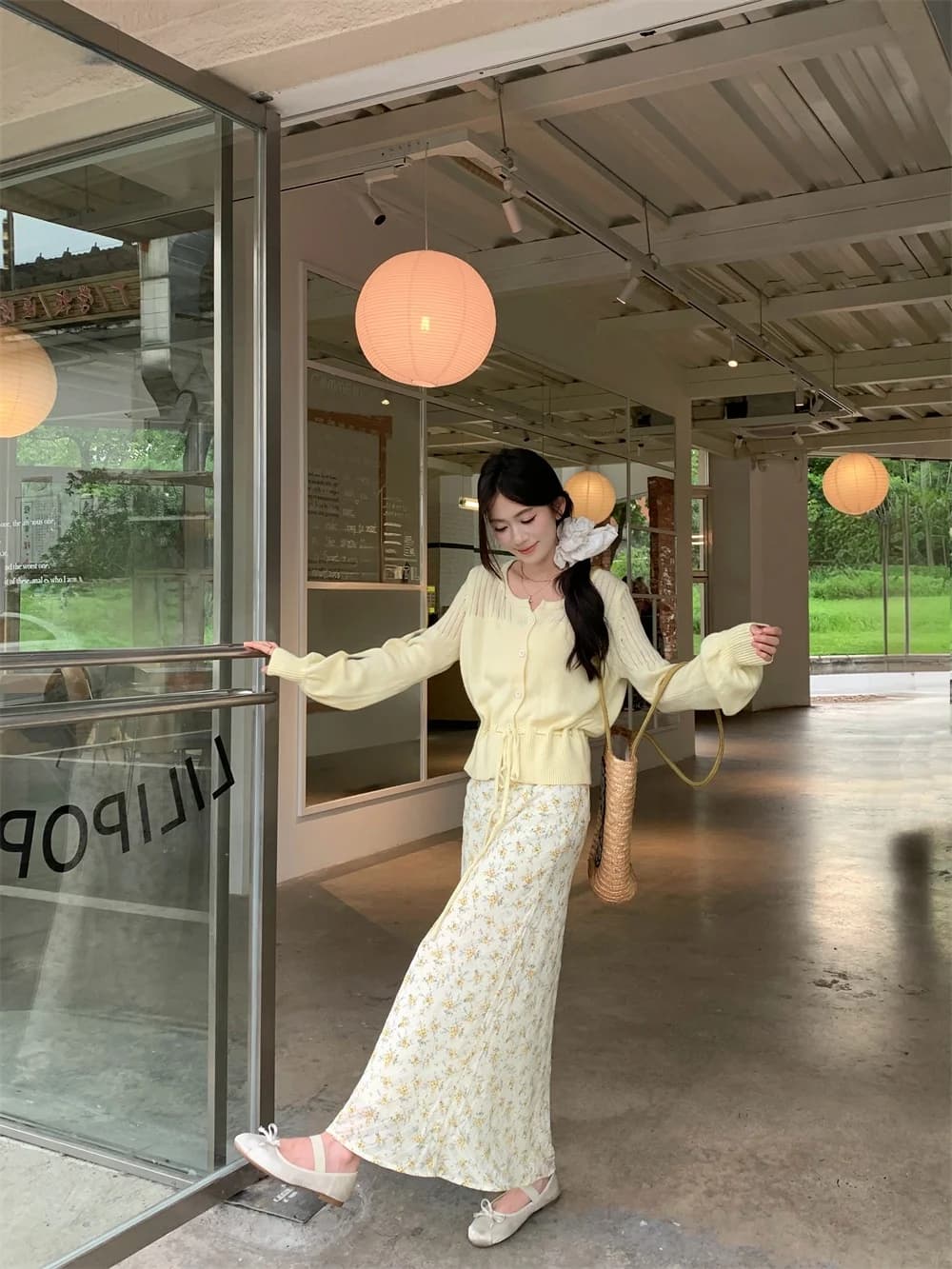 Complete Kumikumi Gentle Wind: Long Sleeve Sweater with Belt and Half Length Floral Gonna, Set Two Pieces Fashion Women's Spring
