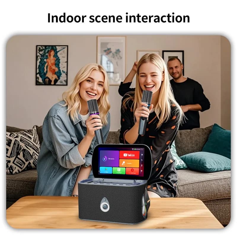 Macchina Karaoke Portatile All-in-One con Schermo Touch Ribaltabile, Versione Internazionale, con Doppio Microfono e Altoparlante