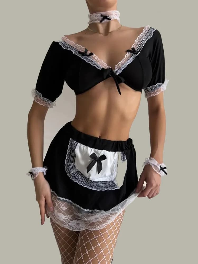 Women's Black White Maid Costume Lingerie Set Crop Top Mini Skirt Apron Lace Trim Choker Sexy Role Play Uniform Outfit for Women