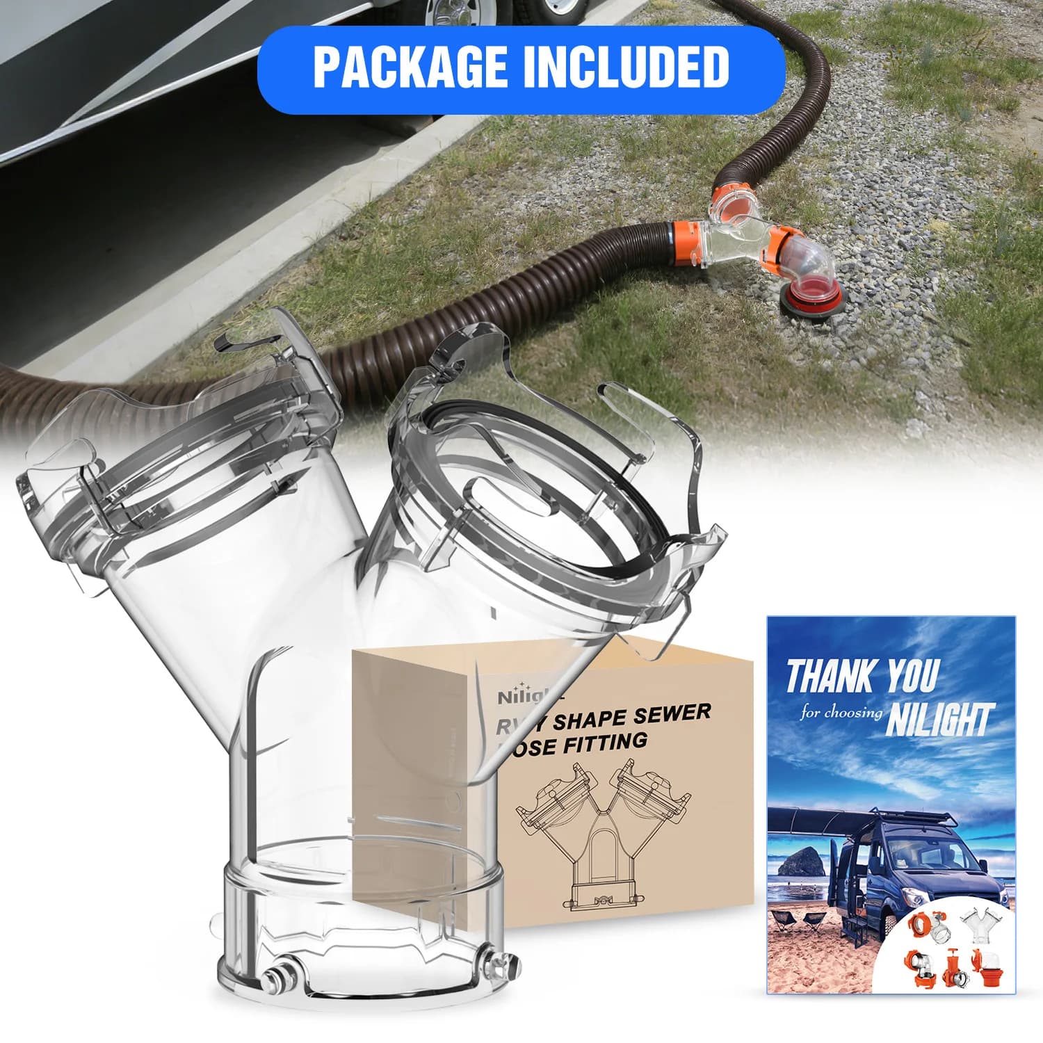 Raccordo a Y per Tubo di Scarico RV Nilight, Connettore Trasparente Anti-Perdita con Guarnizione Integrata, Design a Baionetta Antiodore, Adattatore a 2 Vie per Camper e Roulotte