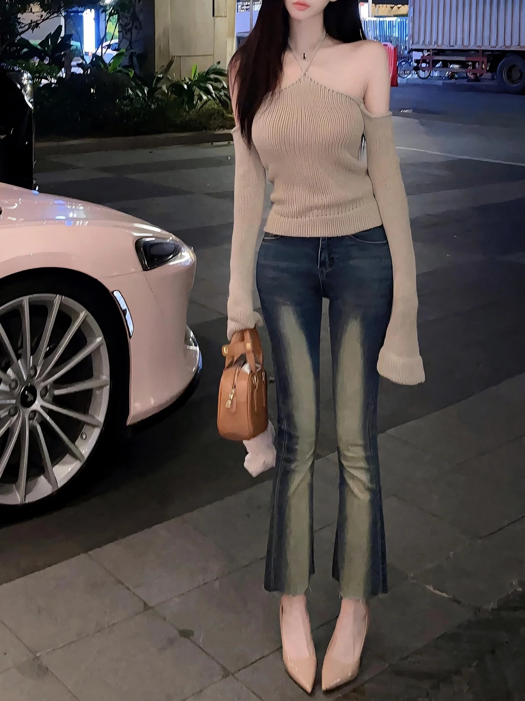 High Waist Stretchy Slimming Micro Flared Nine Points Denim Jeans Women's Retro Washed out White Korean Style Hot Girl Jeans