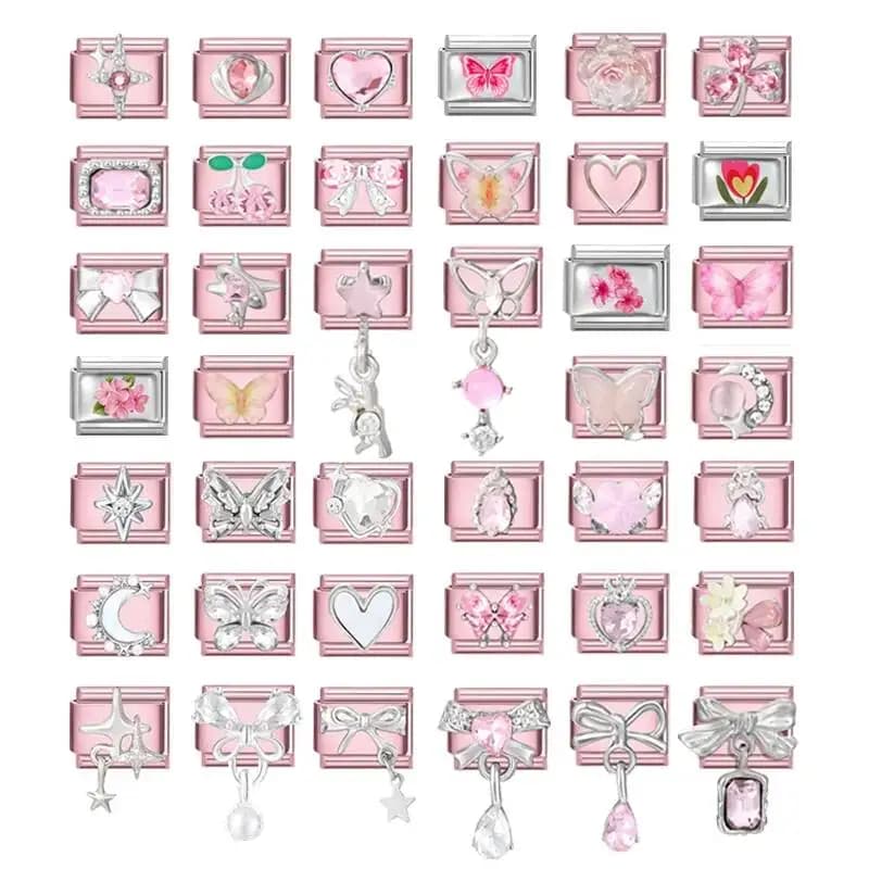 Nuovi Charm Italiani 2025 per Donna, Cuore Rosa Romantico con Zirconi Brillanti, Compatibili con Bracciali da 9mm, in Acciaio Inox, per Creazione Gioielli Fai-da-Te
