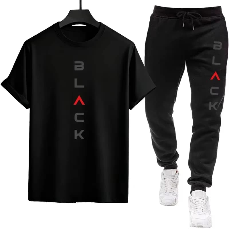 Completo Sportivo Uomo Primavera Estate per Casa e Outdoor, T-shirt e Pantaloni con Stampa Lettering Nera, Outfit Casual Urbano