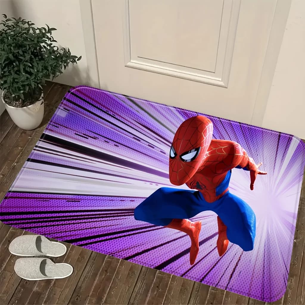 Tappetino da ingresso Marvel con stampa cartoon, 1 pezzo, posa dinamica di Spider-Man con motivo a linee viola, facile da pulire, adatto per