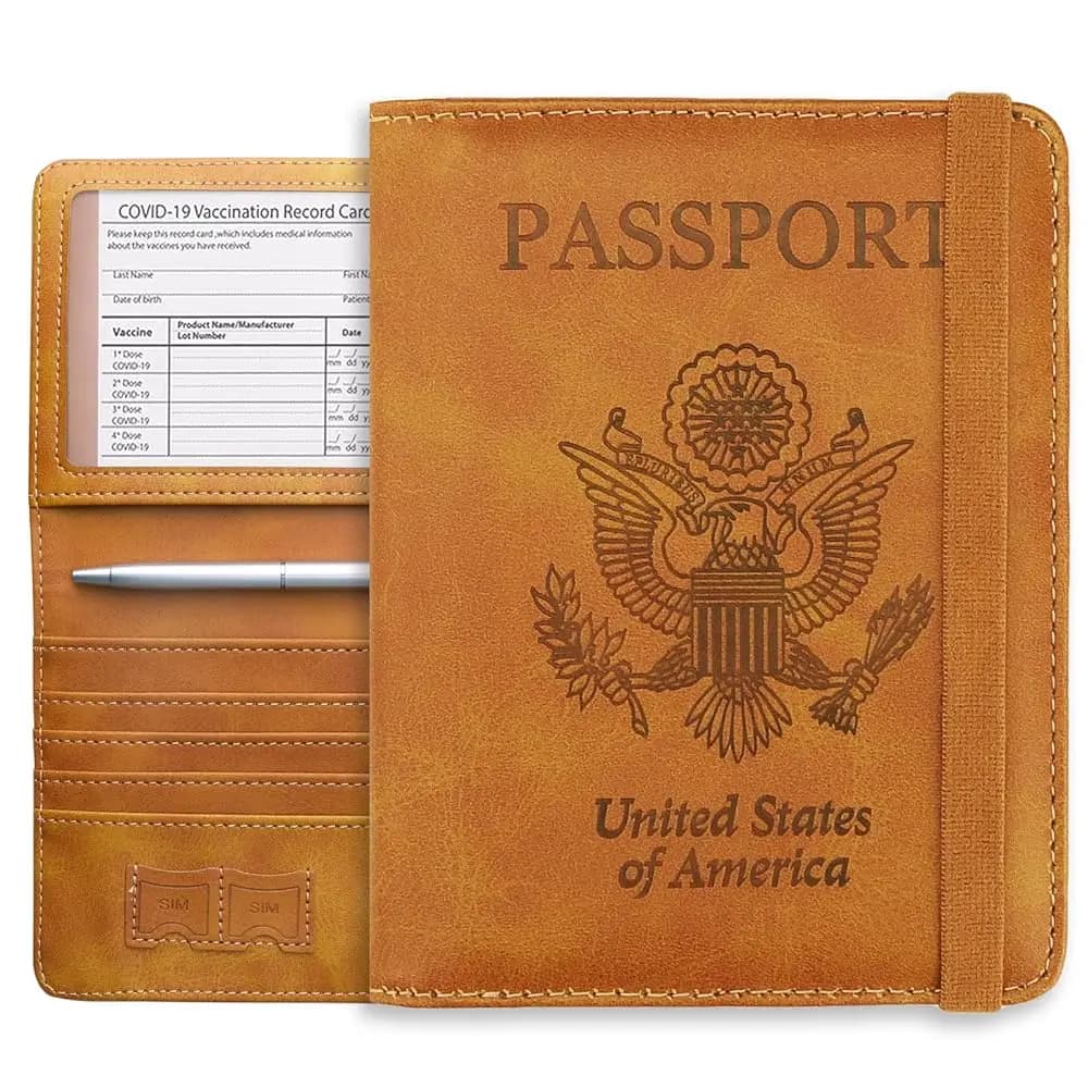 Portafoglio porta passaporto, custodia per passaporto con blocco RFID, custodia in pelle PU con porta carte, penna e scomparto trasparente per carte, per donna e uomo